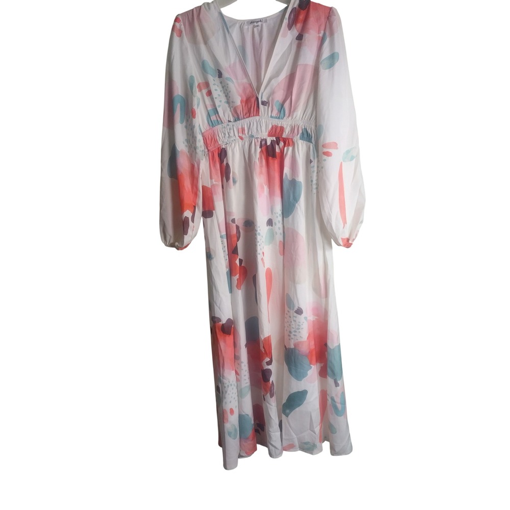 Sissyaki Abstract Watercolor V-Neck Maxi Dress Small white Pink Teal Smocked